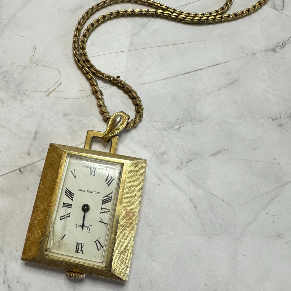 Vintage Sheffield Watch Pendant Necklace Swiss Made Gold Tone Long FOR PARTS
